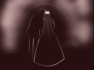 pale pink silhouettes of the bride and groom on a black background. Newlyweds stand at sunrise. Shrouded in fog