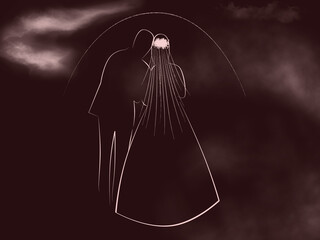 pale pink silhouettes of the bride and groom on a black background. Newlyweds stand at sunrise. Shrouded in fog