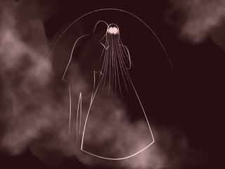 pale pink silhouettes of the bride and groom on a black background. Newlyweds stand at sunrise. Shrouded in fog