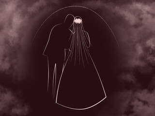 pale pink silhouettes of the bride and groom on a black background. Newlyweds stand at sunrise. Shrouded in fog