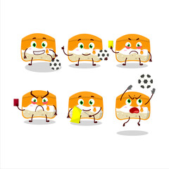 Orange cake cartoon character working as a Football referee