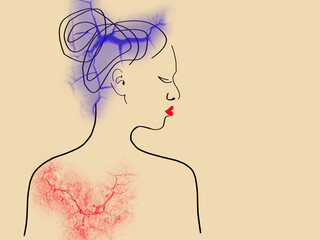 Beige background. Black lines. Silhouette of a girl in profile from the back. The hair is combed high at the back of the head. The lips are bright scarlet.