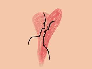 Beige background. Black lines. Silhouette of a girl in profile from the back. The hair is combed high at the back of the head. The lips are bright scarlet.