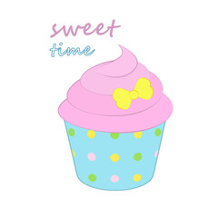 Cupcake with pink berry cream and yellow bow in a polka dot cup. Inscription Sweet time. Vector illustration.
