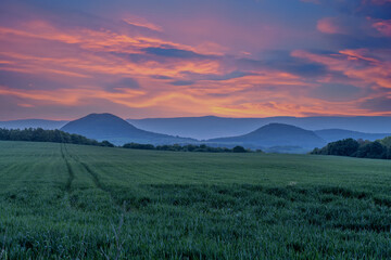 sunset of the Czech Central Mountain (Czech Republic) Europe.