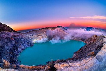 Beautiful view of Kawah Ijen lake and volcano early morning at East Java, Indonesia.