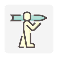 Rocket and soldier vector line icon. Consist of man or infantry to holding rocket launcher. May called missile, bazooka, rpg and anti-tank weapon for military battle in war, battlefield. 48x48 pixel.
