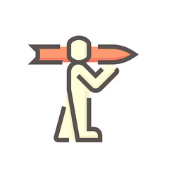 Rocket and soldier vector line icon. Consist of man or infantry to holding rocket launcher. May called missile, bazooka, rpg and anti-tank weapon for military battle in war, battlefield. 48x48 pixel.
