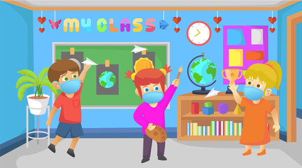 During pandemic corona virus,children happy to activity in the school.Playing paper throw,Using Painting tools ,greeting with friends.Using mask and health protocol.Vector children Illustration.