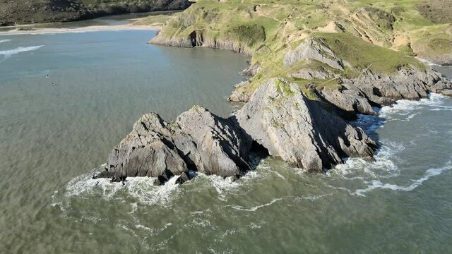 Aerial View Of Three Cliffs Bay Beach In Gower Peninsula, Swansea, Wales.