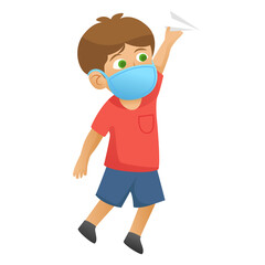 Children illustration,boy using red dress play and throwing paper plane in the class.Using mask and healthy protocol.Character Illustration.