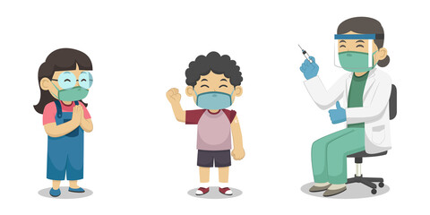 Doctors and Children Character Wear Face Masks During The Vaccination Process. Children s Book. Vector.