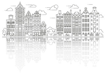 Amsterdam old style houses. Typical dutch canal houses lined up near a canal in the Netherlands. Building and facades for Banner or poster. Vector outline illustration.