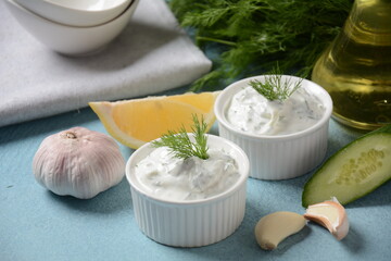 Traditional greek dip sauce or dressing tzatziki prepared with grated cucumber sour cream yogurt olive oil and fresh dill.
