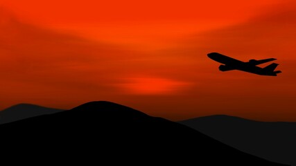 Airplane in the sunset background.