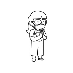 Girl Characters Wearing Face Masks Waiting to Be Vaccinated. Coloring Book Illustration. Vector Illustration.