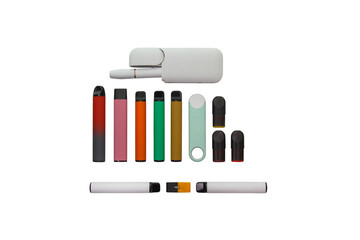 Pictured are assorted disposable e-cigarettes, isolated on a white background