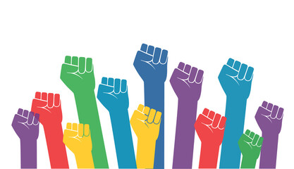 Group of fists raised in air. vector illustration
