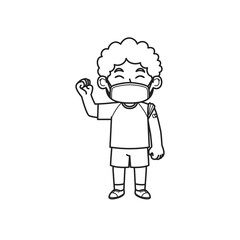 The Boy Character Wearing a Face Mask Looks Happy After Being Vaccinated. Coloring Book Illustration. Vector Illustration.