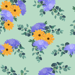 Obraz na płótnie Canvas Seamless vector illustration with bouquet dahlia, chrysanthemums and eucalyptus .