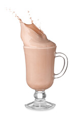 Glass cup of cocoa drink with splash on white background