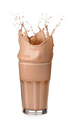 Glass of cocoa drink with splash on white background