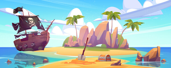 Tropical island with treasure chest and broken pirate ship. Vector cartoon sea landscape with sail boat after shipwreck with skull on black sails, palm trees and gold coins on uninhabited island © klyaksun