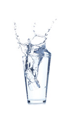 Glass of water with splash on white background