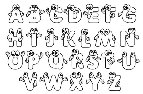 Funny Character alphabet lettering text. Capital Letter English ABC black contour