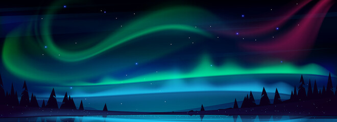 Arctic aurora borealis over night lake in starry sky, polar lights natural landscape. Northern amazing iridescent glowing wavy illumination shining above water surface, Cartoon vector illustration - obrazy, fototapety, plakaty