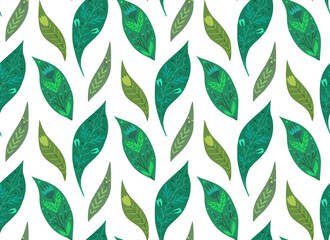 Seamless pattern with petals and folk decoration. Texture with green leaves with tribal ornament on white background. Simple vector wallpaper with falling leaves. Natural decorative fabric