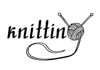 Vector logo lettering Knitting with a ball of wool yarn. Needles and a ball of wool. Vector illustration in doodle style. Knitting, hobby, needlework symbol. Minimalistic logo