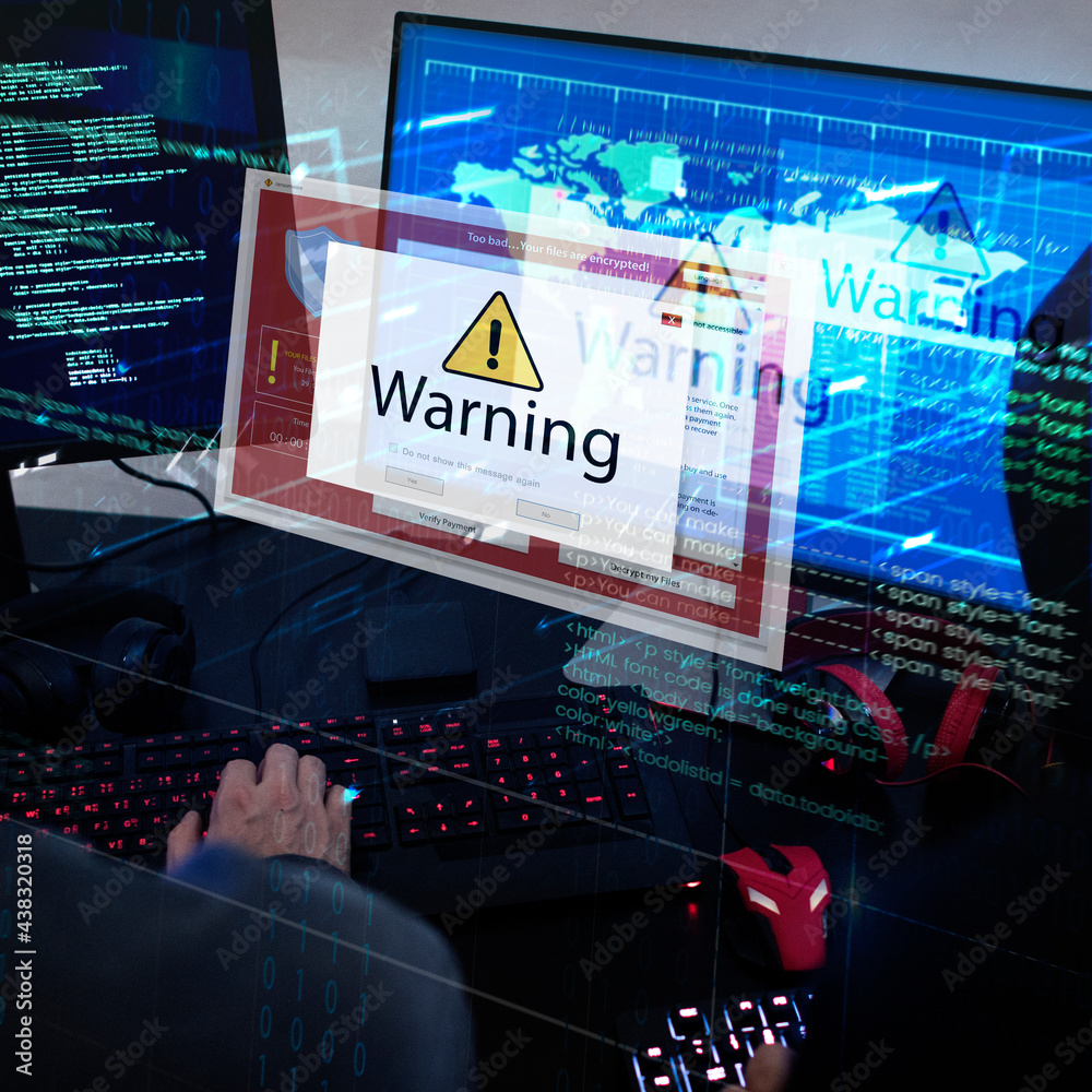 Wall mural computer with warning pop up sign window