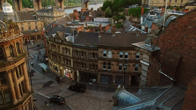 Scenic view of the Old Town of Newcastle, in Tyne and Wear, the capital of North East England, UK featuring the High Level Bridge