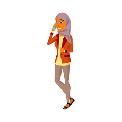 arab woman talking with friend on mobile phone cartoon vector. arab woman talking with friend on mobile phone character. isolated flat cartoon illustration