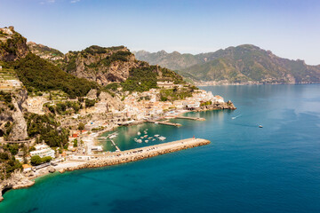 Fototapeta na wymiar Aerial view of the Amalfi Coast. In Salerno a stretch of coast with sea and a beautiful landscape