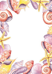 Obraz premium Hand drawn watercolor frame with exotic sea shell. Ocean wildlife