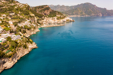 Fototapeta na wymiar Aerial view of the Amalfi Coast. In Salerno a stretch of coast with sea and a beautiful landscape