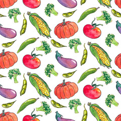 Hand drawn watercolor seamless pattern with vegetables.