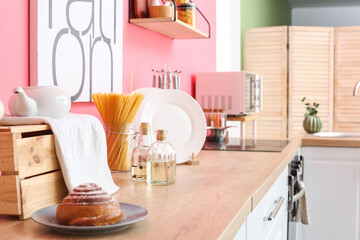Tasty food on counter in kitchen