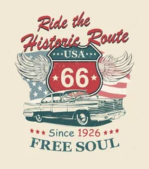 Route 66 typography for t-shirt print with sign route 66 and retro car.Vintage poster. © Марина Ахадова