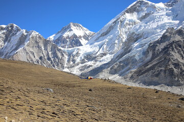 Helicopter and Khumbu Glacier near Gorak shep, Nepal