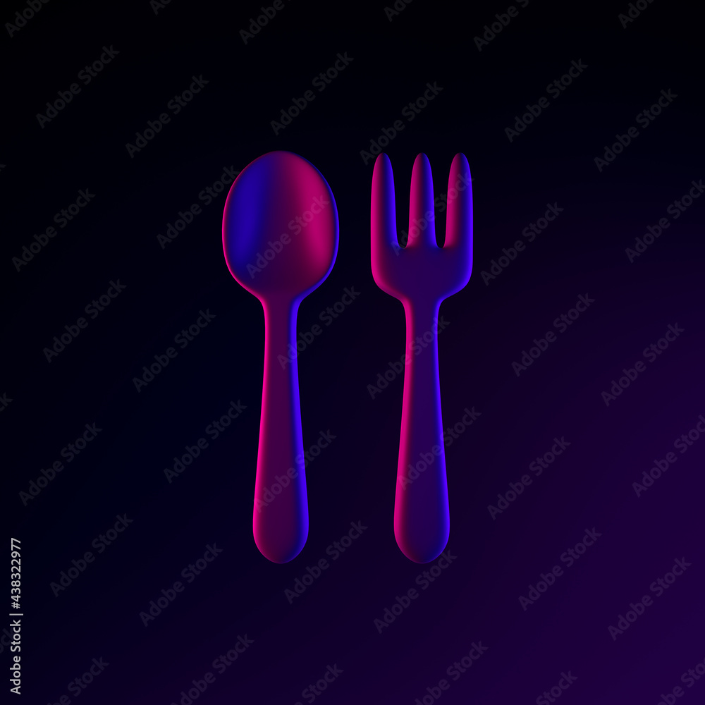 Poster neon spoon and fork icon in cartoon style. 3d rendering interface ui ux element. dark glowing symbol