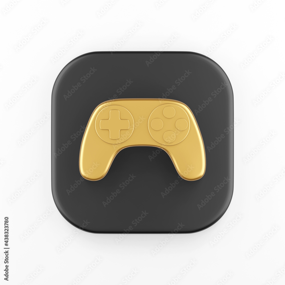 Poster the golden joystick icon. 3d rendering black square button, interface ui ux element.