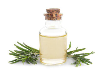 Bottle of essential oil and fresh rosemary on white background