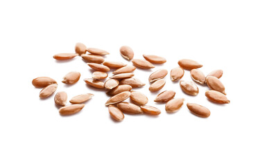 Heap of flax seeds on white background