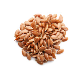 Heap of flax seeds on white background