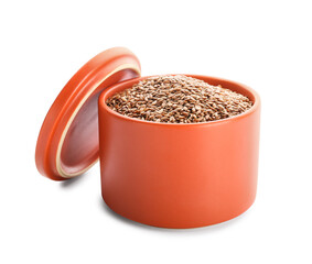 Bowl with flax seeds on white background