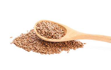Spoon with flax seeds on white background