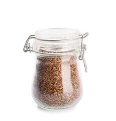 Jar with flax seeds on white background